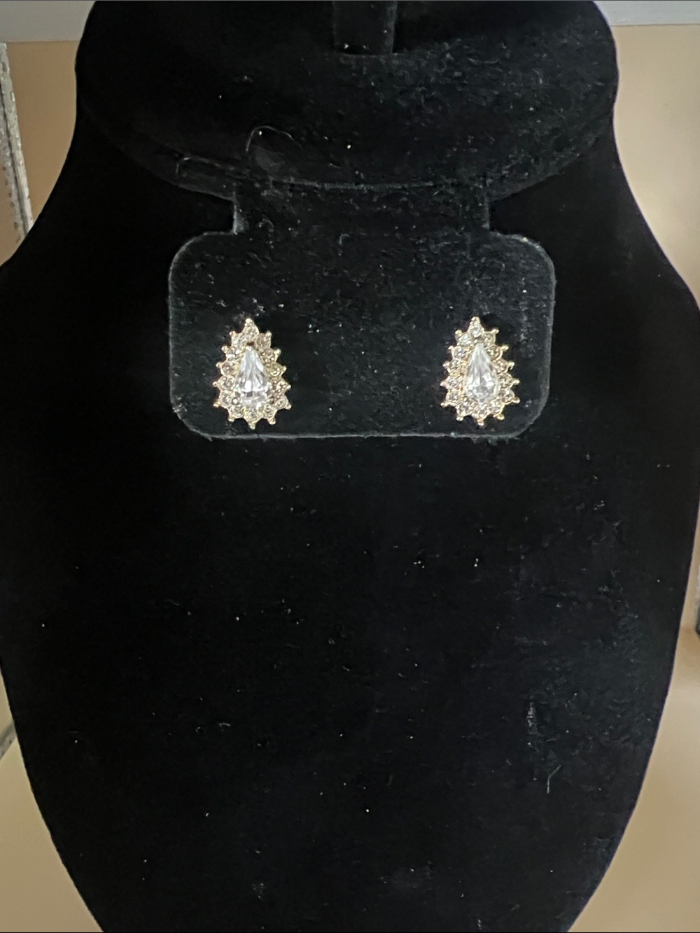 Gold Teardrop Halo Stud Earrings with Clear Crystals